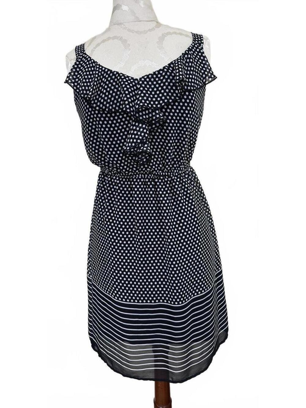 Vanity Black and White Polka Dot Sleeveless Dress with Ruffle Detail Size Small
